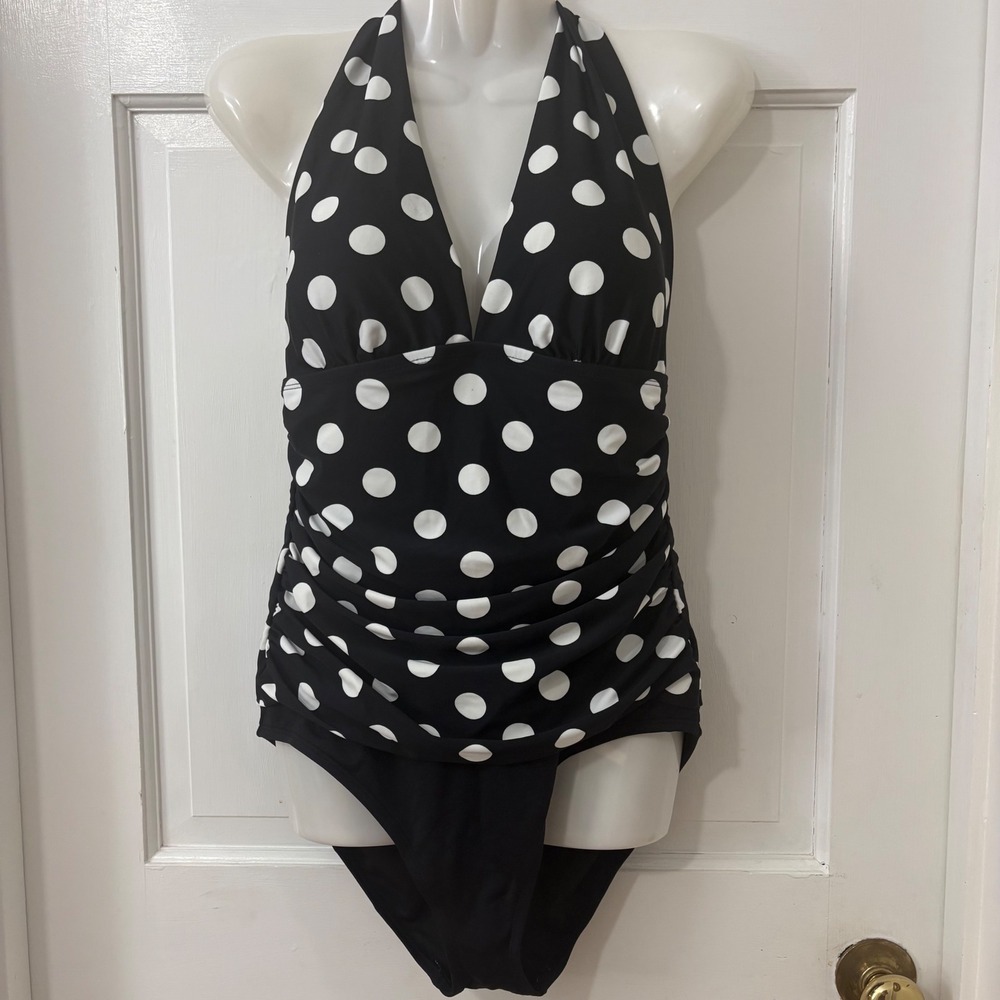 Chaps Polka Dot One Piece Swimsuit 10 Halter Ruched Retro Vintage Pin Up